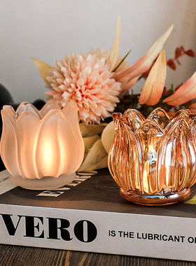 中古郁金香玻璃小烛台浪漫复古透明茶色餐桌蜡烛摆件家居饰白色