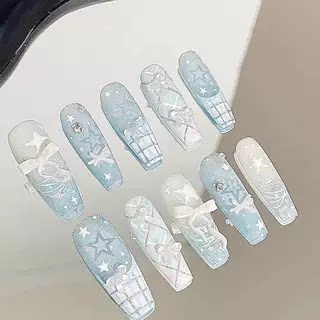 M221新春学生可爱少女蕾丝手工爆闪穿戴甲蝴蝶结高级显白可拆美甲 - 图0