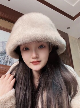 进口水貂毛帽子女整貂水貂毛渔夫帽时尚保暖韩版皮草盆帽男