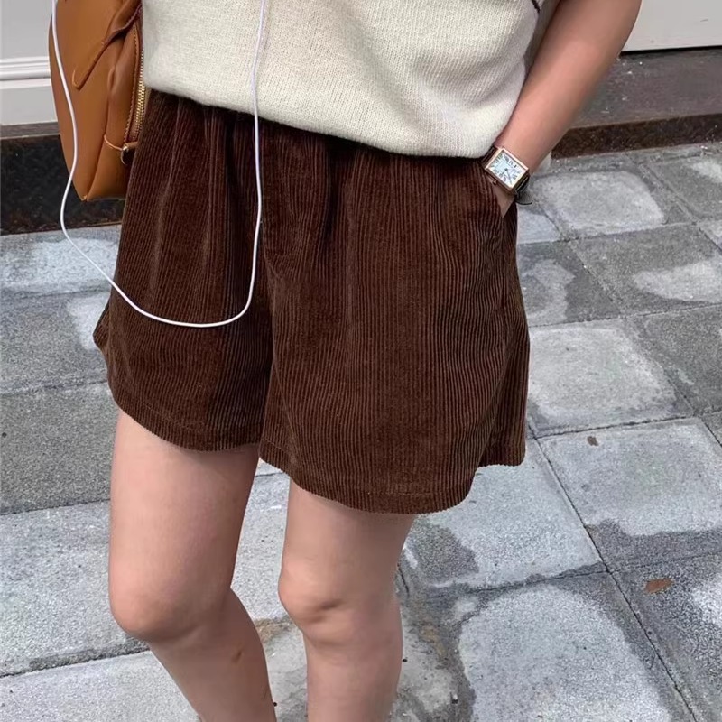 2024冬季纯色灯芯绒短裤休闲裤松紧腰三分显瘦遮肉欧货百搭宽松潮 - 图1