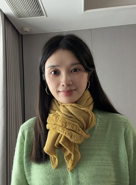 澳洲羊毛木耳边围巾女款2026新款黄色休闲针织毛线高级感围脖