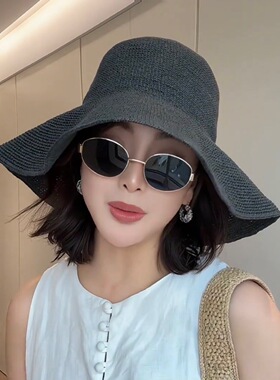 夏天出游防晒遮阳帽子女细密草编帽时尚百搭显脸小大檐咖色渔夫帽