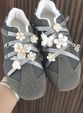 韩版珍珠鞋花高级感芭蕾风鞋带扣