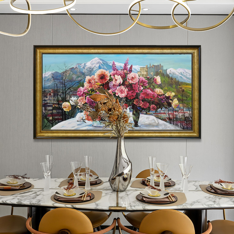 俄罗斯圣彼得堡玫瑰花卉原创餐厅横幅手绘油画高端欧式美式挂画 - 图0