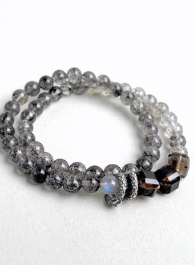 天然黑云母茶晶纯银水晶手链