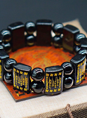 手牌六字真言佛珠转运珠霸气黑曜石手牌潮男女通用款手牌