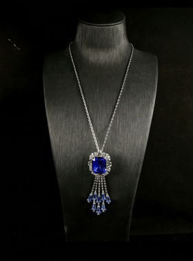 中古风复古风高级感复古镀真金项链毛衣链流苏耳钉耳环蓝色仿宝石