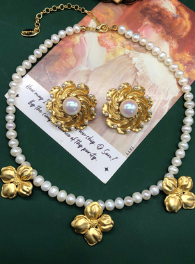 中古风复古宫廷风高级感复古镀真金项链素金925银针耳钉耳环