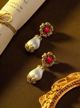 中古风vintage复古宫廷风项链手链耳环仿珍珠红色琉璃