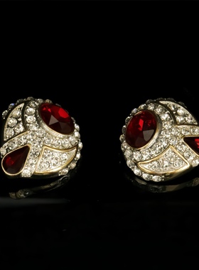 包邮镀真金仿鸽血红宝石耳钉耳夹项链中古饰品复刻