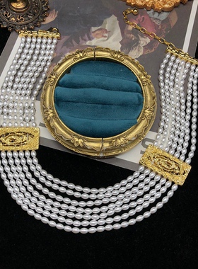 中古风vintage复古宫廷风项链镀真金锁骨链复古金仿珍珠短款