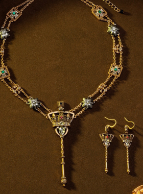 中古风复古宫廷风高级感复古镀真金925银针项链耳钉耳环皇冠权杖