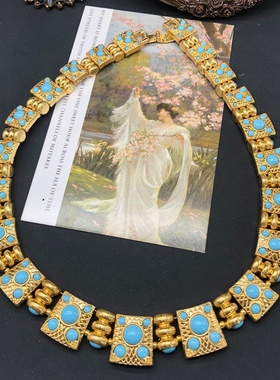 复古vintage风饰品高级设计感绿松石项链做旧耳钉