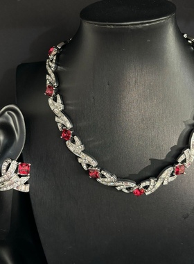 中古风复古宫廷风高级感复古镀真金项链耳钉红色仿宝石