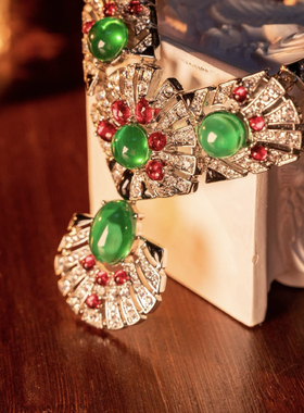 西洋古董中古饰品复刻重工锆石锆钻绿琉璃项链925银针耳钉耳饰品