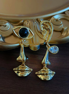 包邮中古饰品复刻镀真金恶魔之眼不对称耳钉项链鼻子眼睛嘴