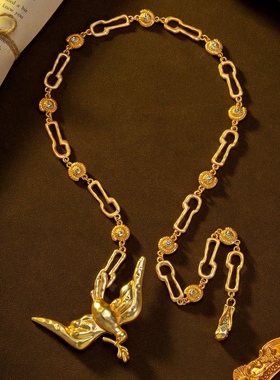 中古风复古宫廷风高级感复古镀真金项链胸针飞鸟鸽子