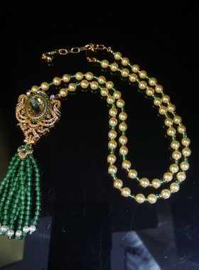 中古风密镶满钻长款仿珍珠项链高级感绿色流苏毛衣链精致国风配饰