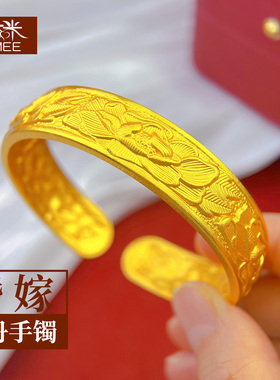 金店同款古法沙金牡丹花开口手镯