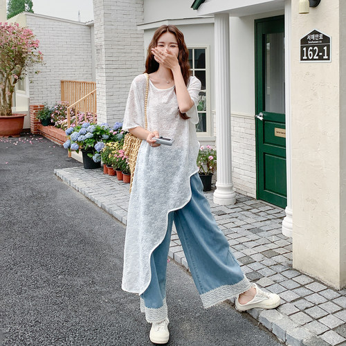 松弛感慵懒风套装女2026春季新款不规则上衣蕾丝花边牛仔裤两件套 - 图2