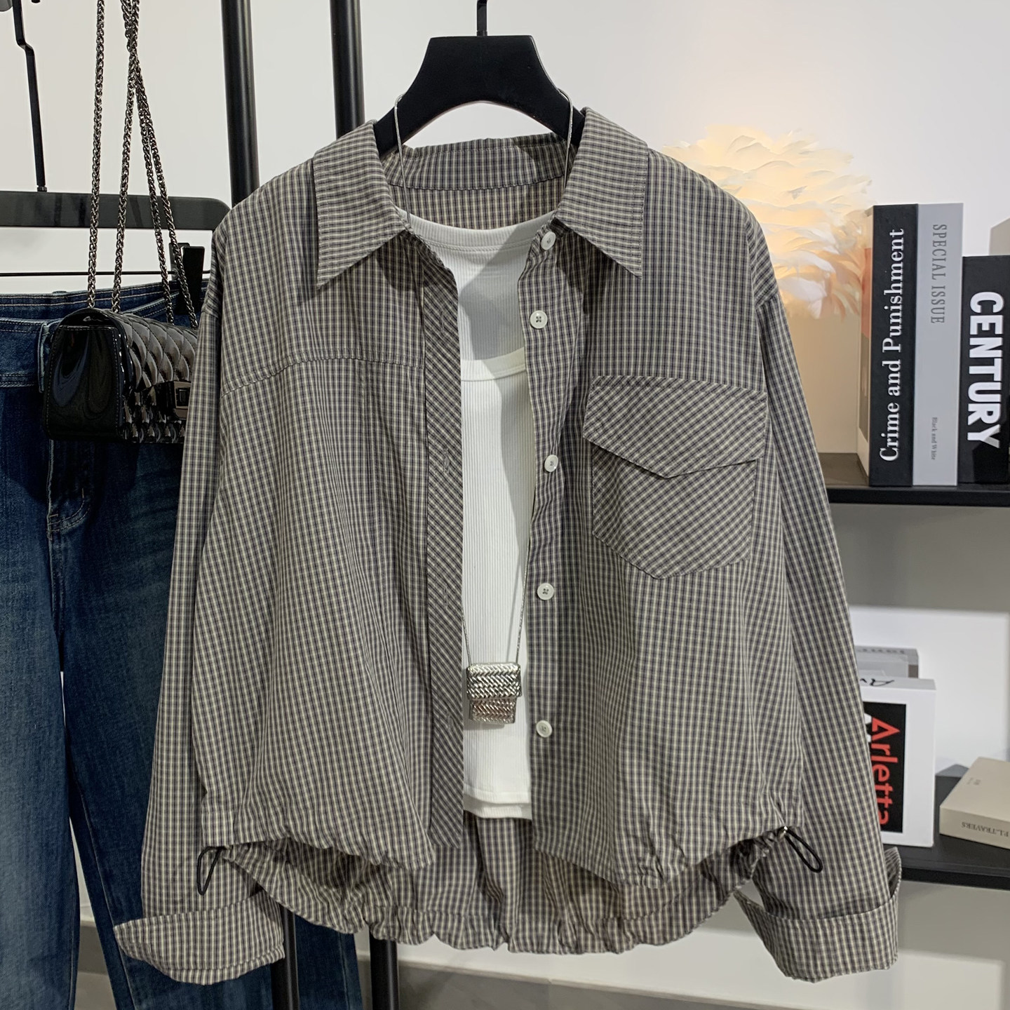 2026新款复古千鸟格子衬衫女短款宽松时尚下摆抽绳小个子上衣外套,淘宝优惠券,粉丝福利购,淘宝优惠卷