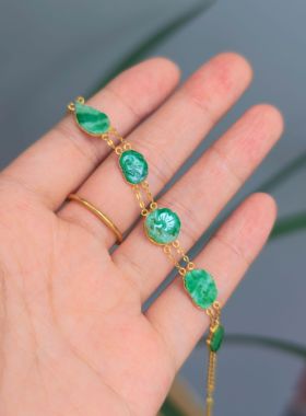 琉梨集 复古民国风 清代老翡翠辣绿色银镀金翡翠有机宝石双排手链