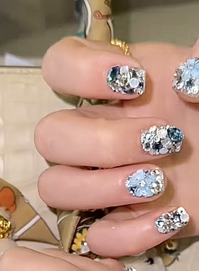 全华Ash美甲纯手工定制蓝色施华满钻雕花穿戴甲指甲贴片孕妇成品