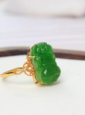 925银镶碧玉貔貅开口戒指女款