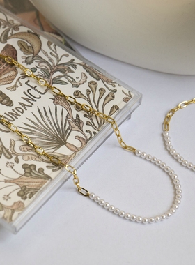 美国小众 博主推荐复古风 珍珠串珠+金属裸链拼接项链+手链 女