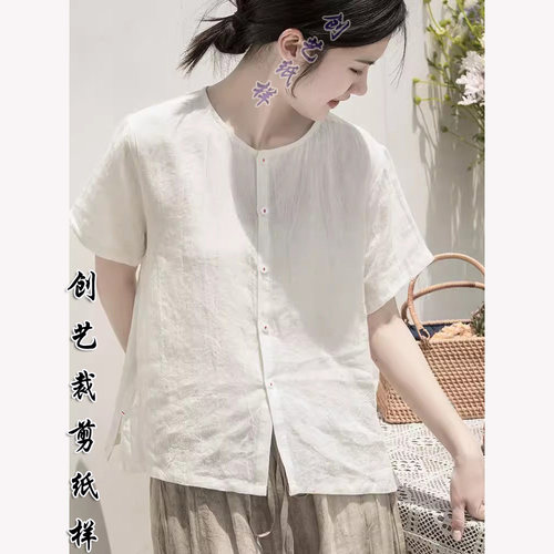 牛皮纸样E127文艺夏季女士宽松短袖棉麻纯色亚麻衬衫上衣裁剪图纸 - 图3