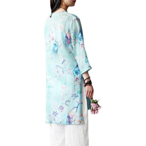 做衣服CX215夏装新款复古纯苎麻印花T恤女盘扣中长上衣裁剪图纸样 - 图3