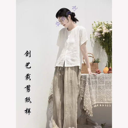牛皮纸样E127文艺夏季女士宽松短袖棉麻纯色亚麻衬衫上衣裁剪图纸 - 图2