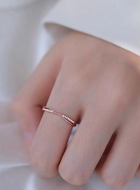 925纯银线条戒指女生2025日系简约交叉指环气质排钻食指冷淡风