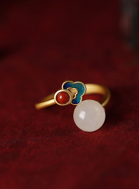 祥云白玉戒指中国风古法鎏金珐琅景泰蓝和田玉指环新中式汉服配饰