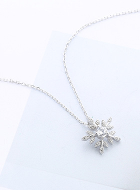 镶钻雪花短款吊坠甜美风银项链