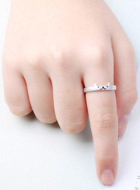 s925纯银戒指女个性开口日猫咪