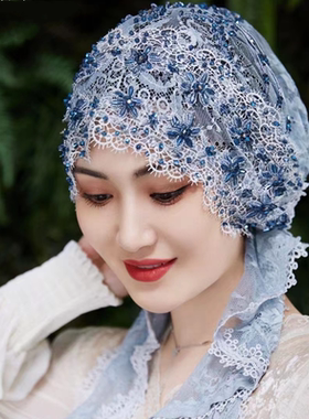 蕾丝披肩帽子头巾盖头女包头帽