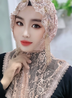 盖头女时尚纱巾手工蕾丝包头帽
