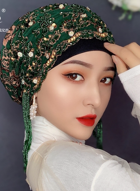 包头巾帽真丝帽盖头女流苏帽子