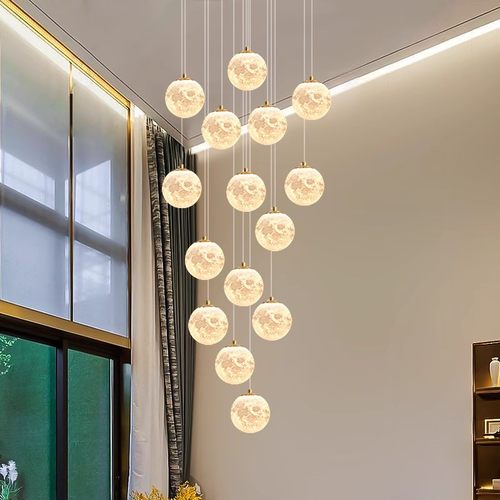 3D打印月球楼梯吊灯长吊灯复式楼楼梯间别墅氛围客厅挑空长线吊灯 - 图0