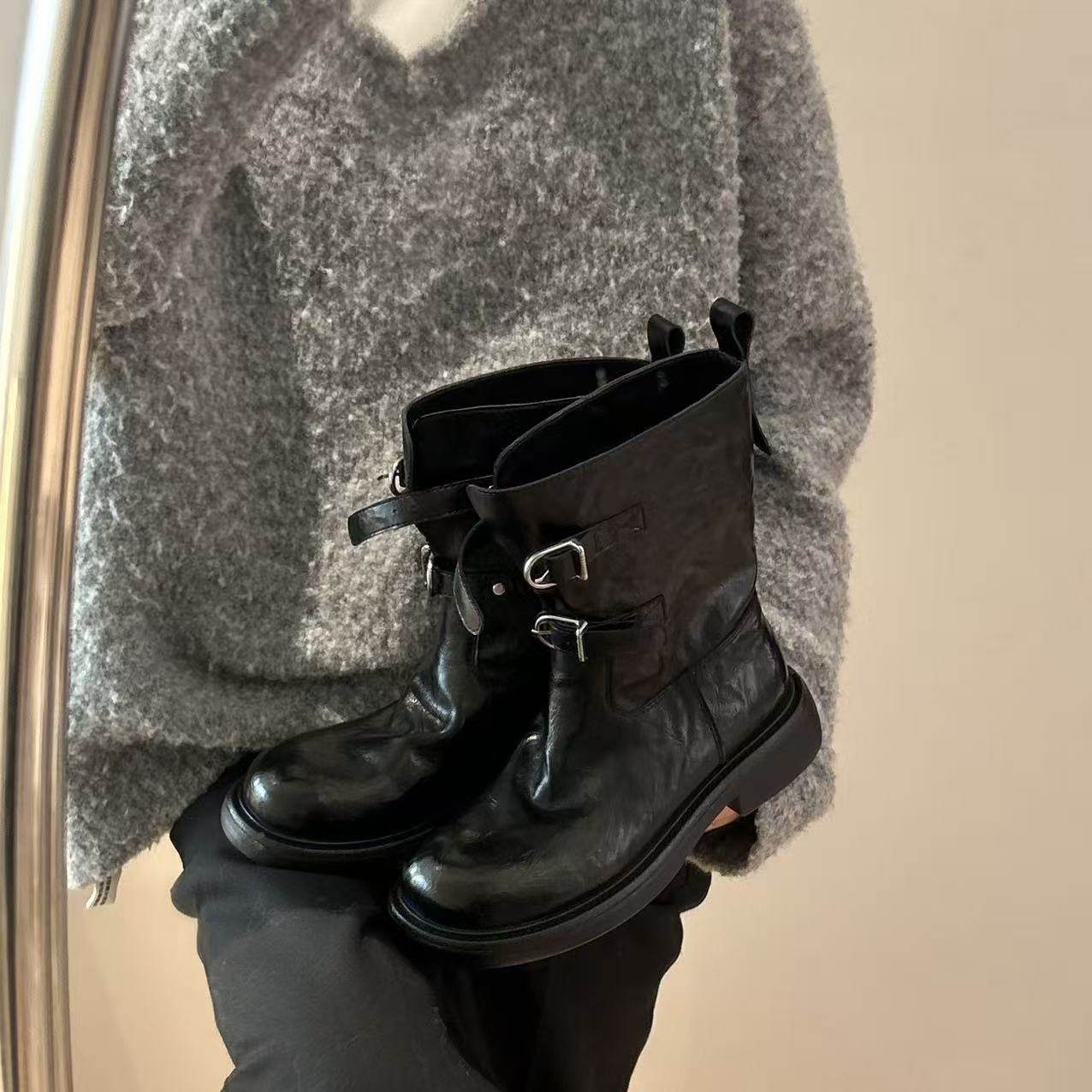 H55女鞋雅2025秋冬新款英伦风中筒百搭时尚短靴沁色双帕扣骑士靴,淘宝优惠券,粉丝福利购,淘宝优惠卷