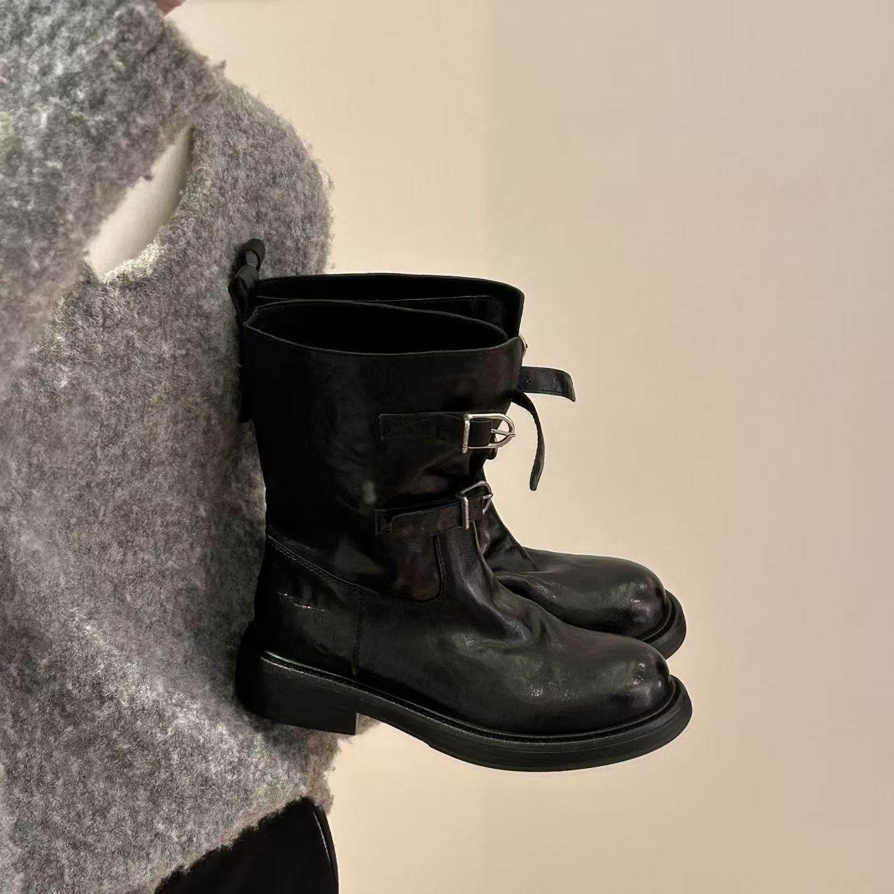 H55女鞋雅2025秋冬新款英伦风中筒百搭时尚短靴沁色双帕扣骑士靴,淘宝优惠券,粉丝福利购,淘宝优惠卷