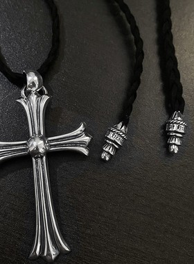 CH克罗伈泰银十字架火焰皮绳领带式项链欧美简朋克嘻哈男女款吊坠