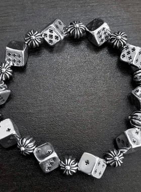 CH克罗伈经典泰银十字花骰子手链情侣欧美朋克嘻哈复古男女款手串