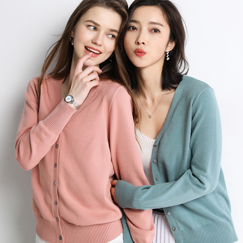 高端羊绒清仓一天春夏防晒开衫女短款外搭v领薄款宽松针织长袖毛衣韩版毛衫外套潮0