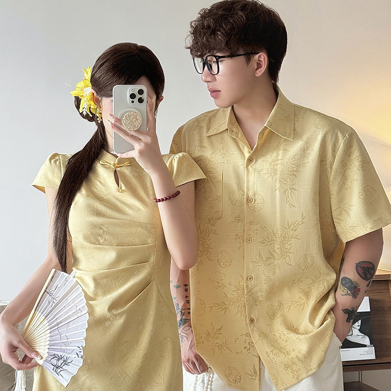 新中式情侣装夏装国风改良旗袍穿搭结婚高级感短袖套装一裙一衣潮,淘宝优惠券,粉丝福利购,淘宝优惠卷