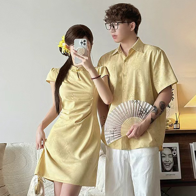 新中式情侣装夏装国风改良旗袍穿搭结婚高级感短袖套装一裙一衣潮,淘宝优惠券,粉丝福利购,淘宝优惠卷