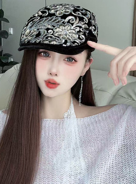 秋冬季亮片花朵贝雷帽子百搭遮阳帽女天鹅绒鸭舌帽休闲时尚前进帽