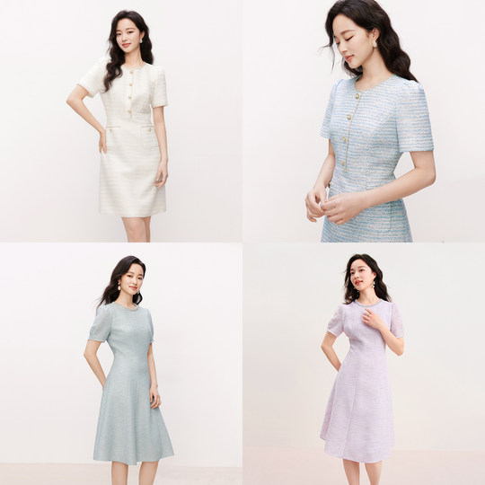 【明星同款】珂莱蒂尔2025新款简约短袖连衣裙优雅气质收腰A字裙