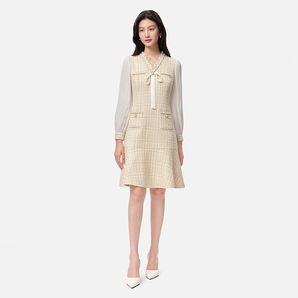 【大秀同款】珂莱蒂尔2025新款秋绵羊毛假两件连衣裙鱼尾裙